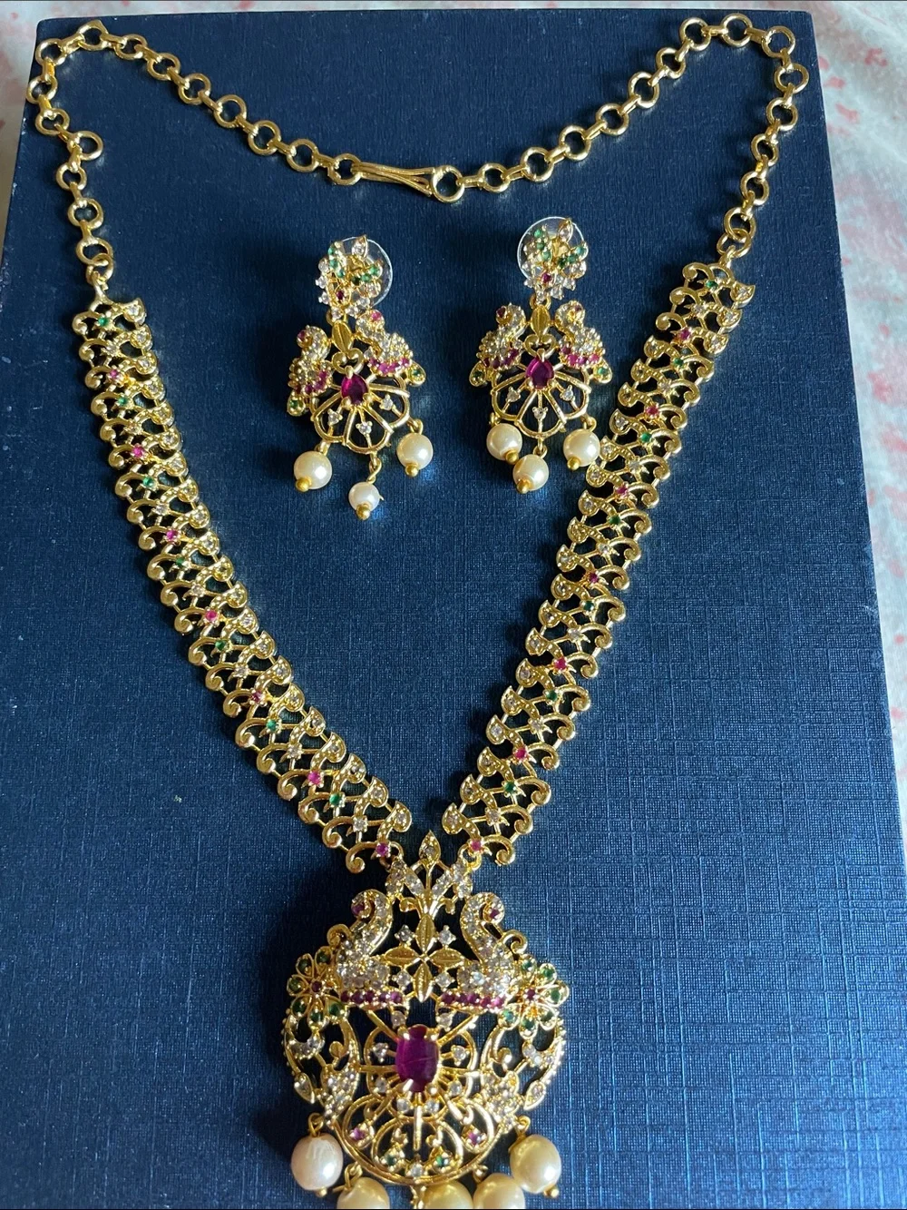 Gold Filigree Pendant Necklace and Earring Set with Pink & Green Accents